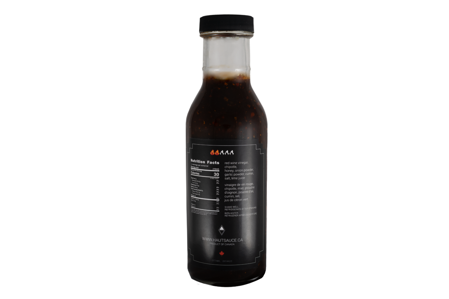 Back label view of 12 ounce chipotle honey lime sauce by haut sauce co. Heat scale 2 out of 5. Ingredients red wine vinegar, chipotle, honey, onion powder, garlic powder, salt, cumin, lime juice.