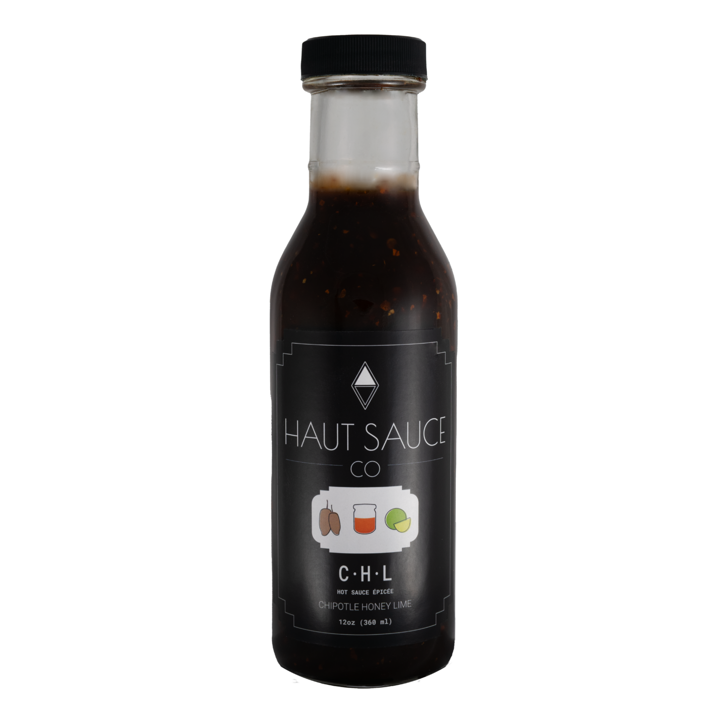 Front label view of 12 ounce Chipotle Honey Lime sauce by haut sauce co