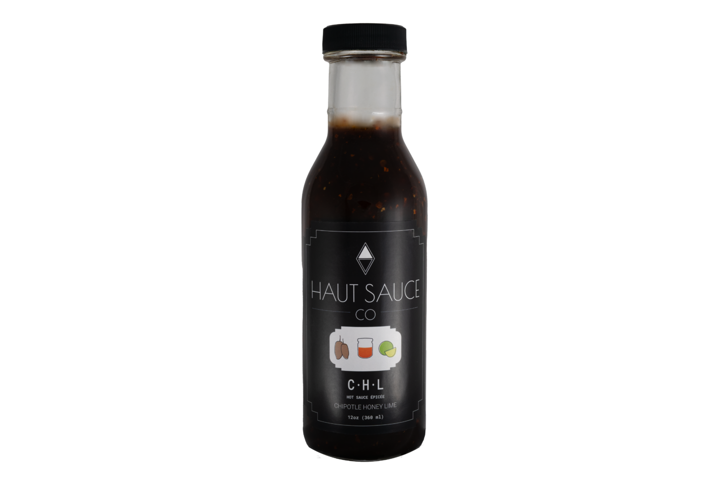 Front label view of 12 ounce Chipotle Honey Lime sauce by haut sauce co