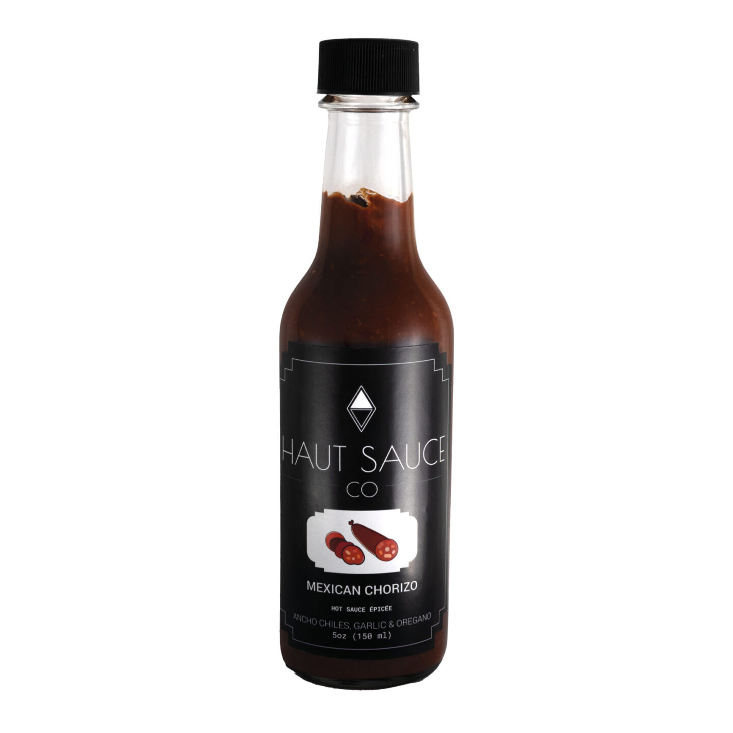 Front label view of Mexican Chorizo sauce by haut sauce co. Ancho Chiles, Garlic & oregano. 5 ounces.