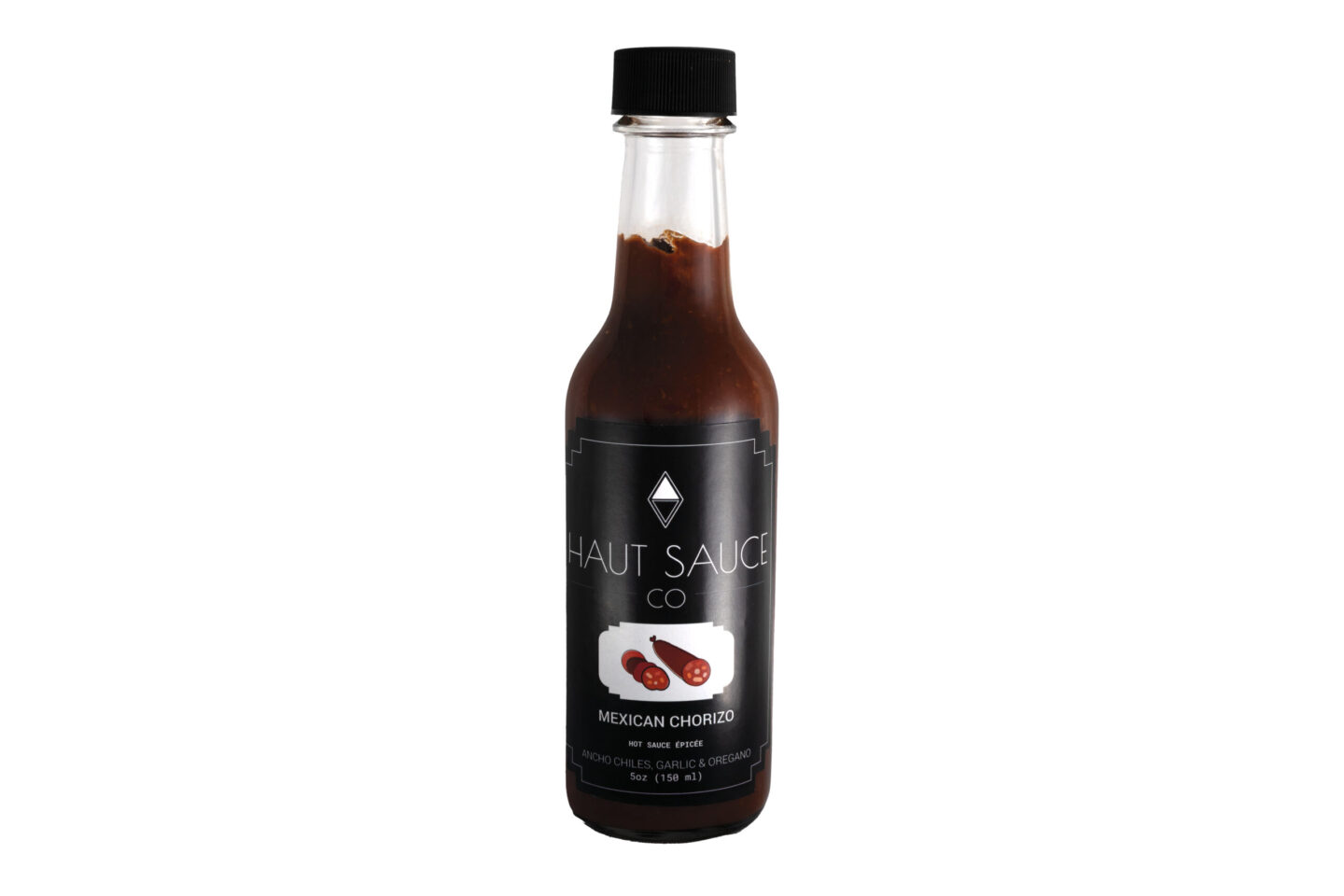 Front label view of Mexican Chorizo sauce by haut sauce co. Ancho Chiles, Garlic & oregano. 5 ounces.