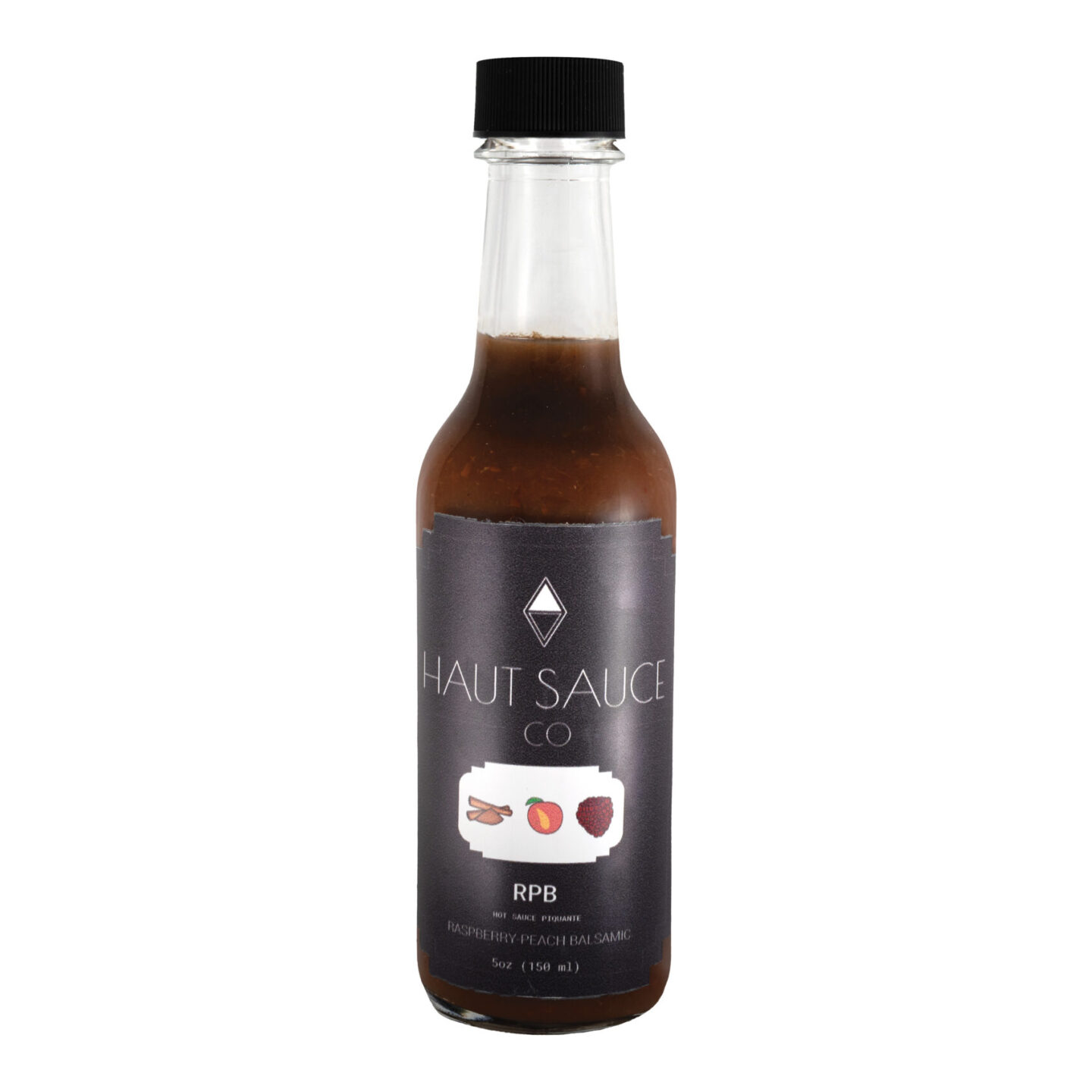 front label view of raspberry peach balsamic hot sauce by haut sauce co. 5 ounces.