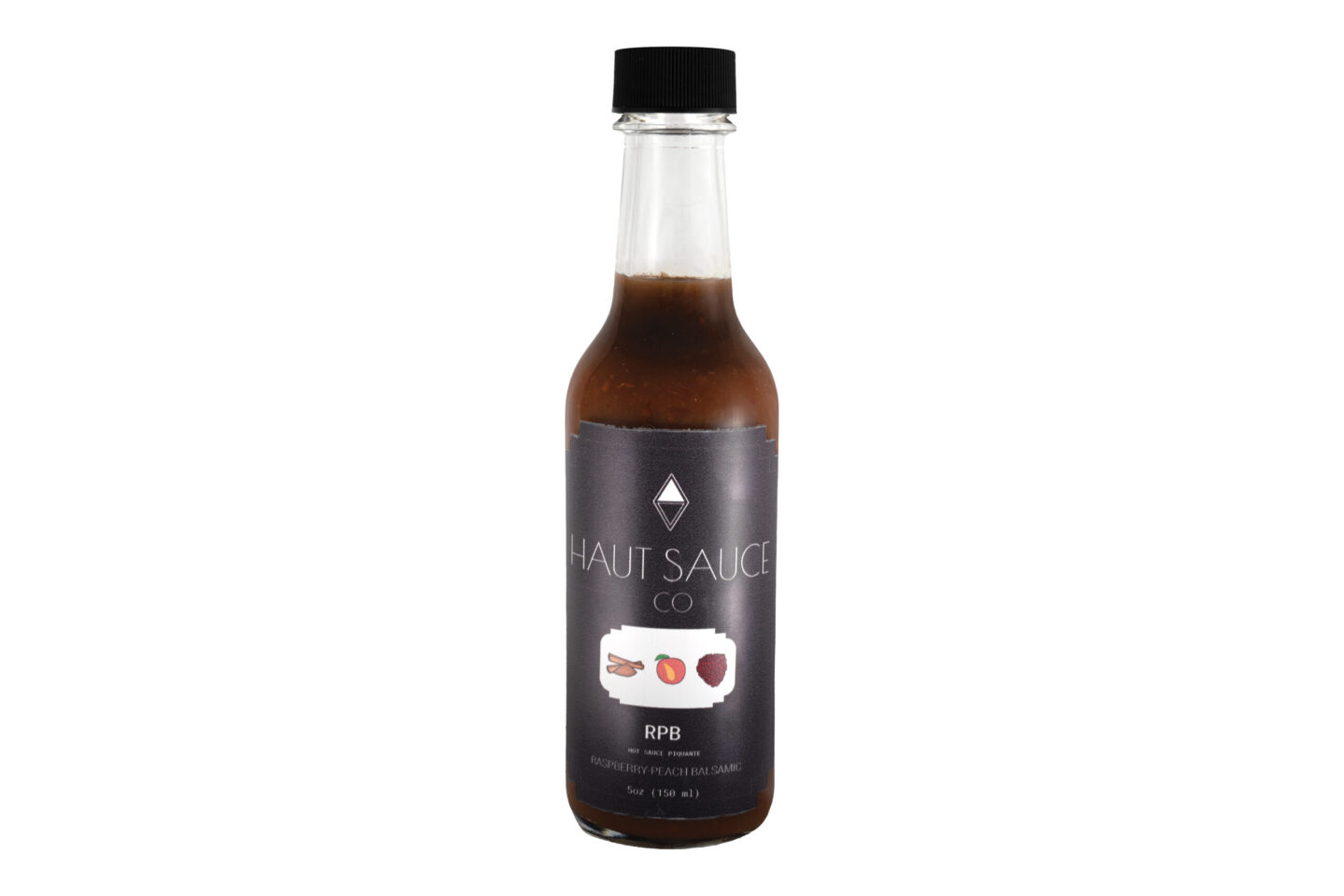 front label view of raspberry peach balsamic hot sauce by haut sauce co. 5 ounces.